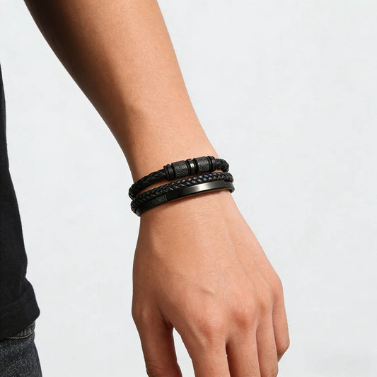 Men's Handmade Three-layer Braided Leather Bracelet by GJG Denim