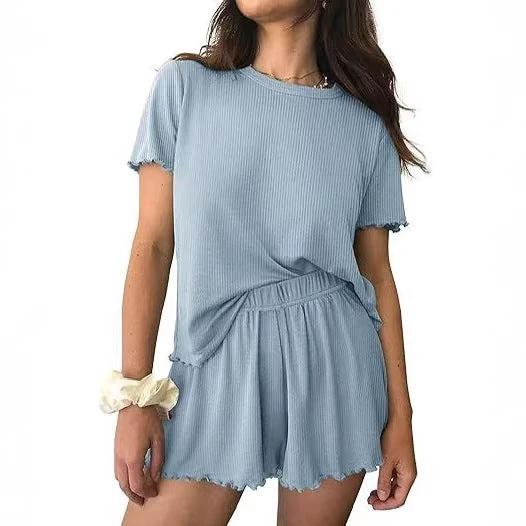 Relaxed Casual Cre Neck Short Sleeve Top And Shorts Set by GJG Denim