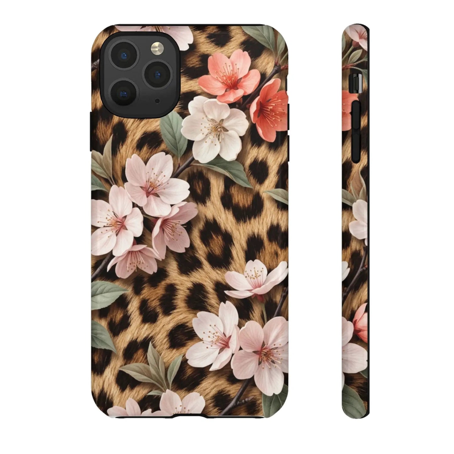 Leopard Floral Tough Case — Protective Phone Case with Pink Cherry Blossoms by Printify