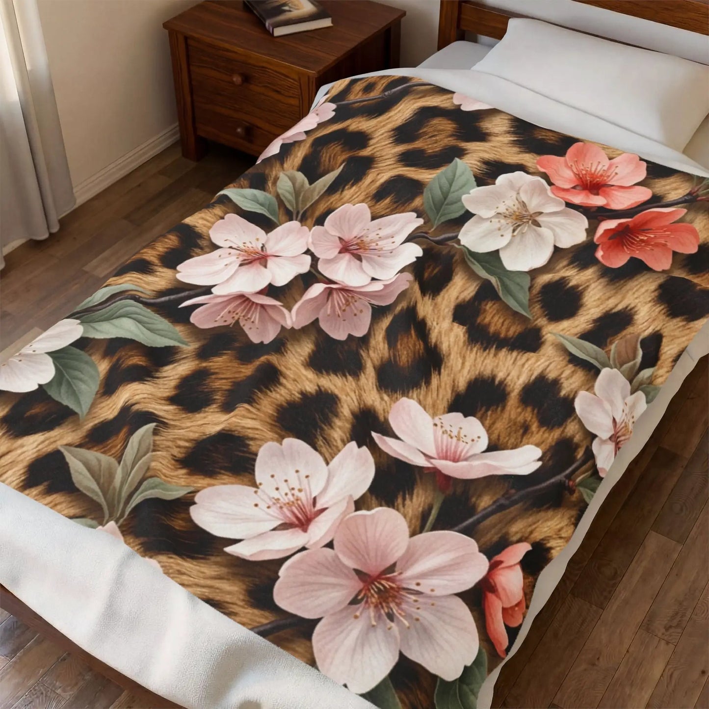 Leopard Floral Velveteen Plush Blanket — Soft Cozy Animal Print Throw by Printify