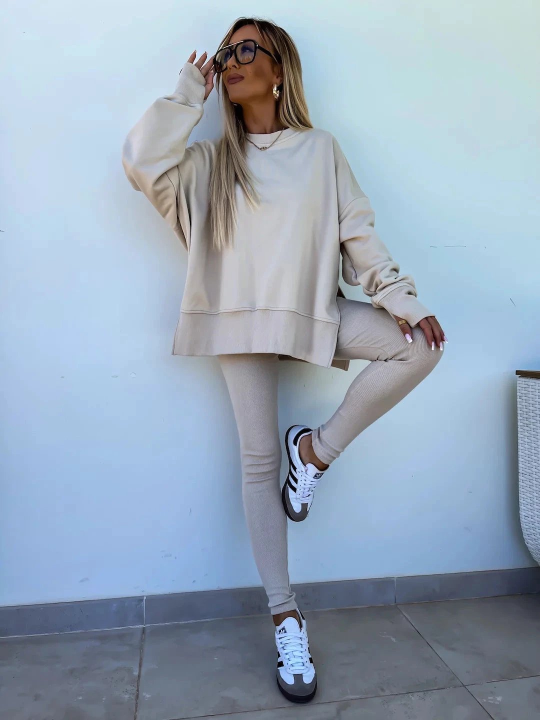 Sweater Suit Women's Casual Loose Long Sleeve Crew Neck Split Top Tight Trousers by GJG Denim