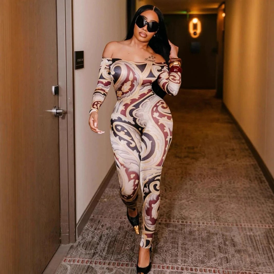 Sexy Print Off-shoulder Cinched Bodycon One-piece Trousers by GJG Denim