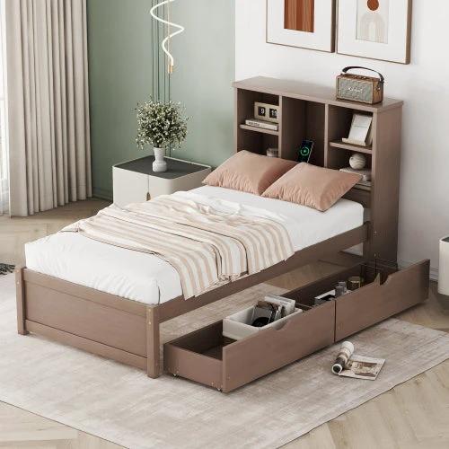 Modern Twin Size Bed Frame With Built-in USB Port On Bookcase Headboard And 2 Drawers Walnut Color by GJG Denim