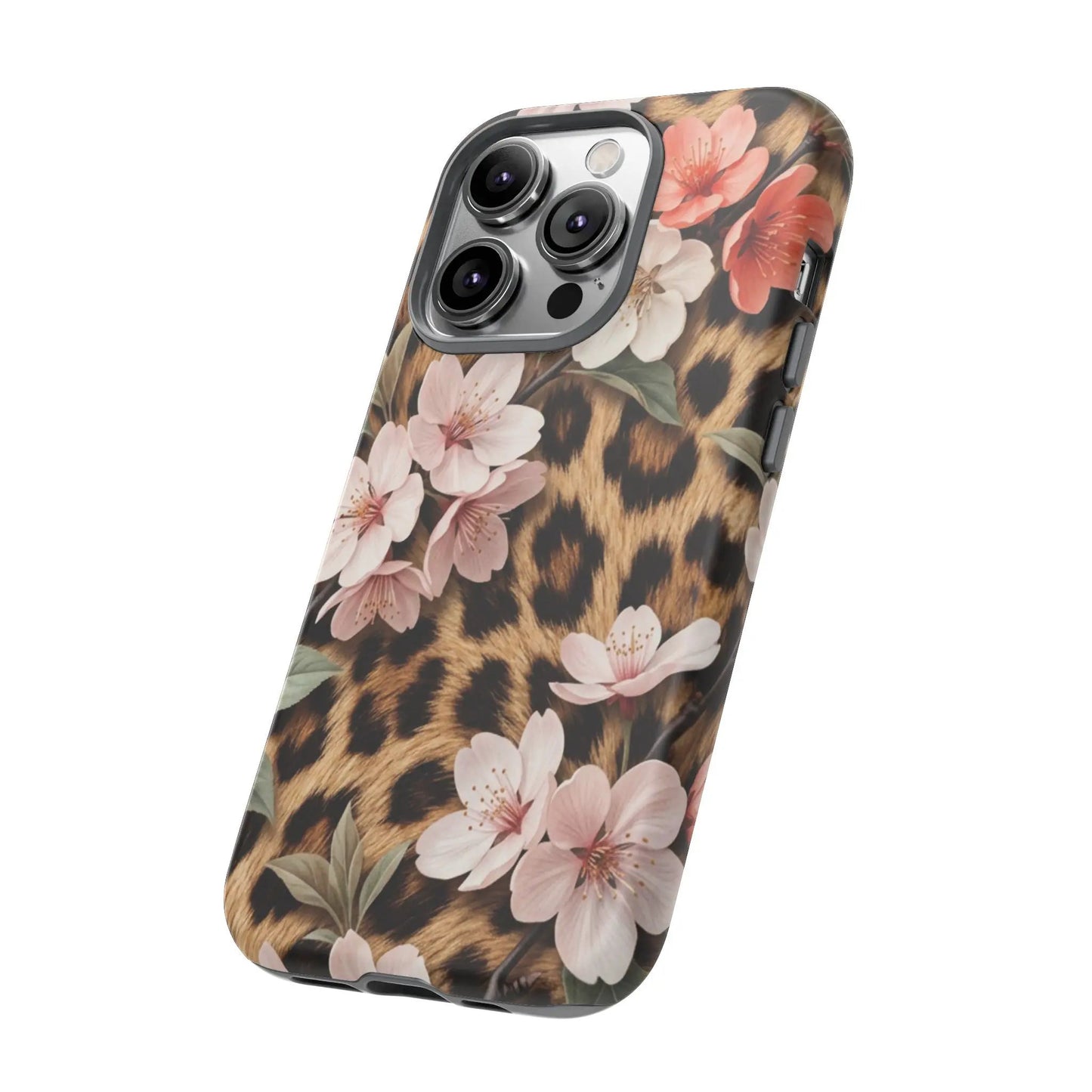 Leopard Floral Tough Case — Protective Phone Case with Pink Cherry Blossoms by Printify