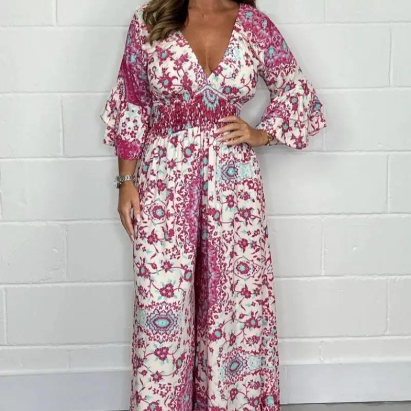 V-neck Printed Jumpsuit Plus Size Casual Jumpsuit by GJG Denim