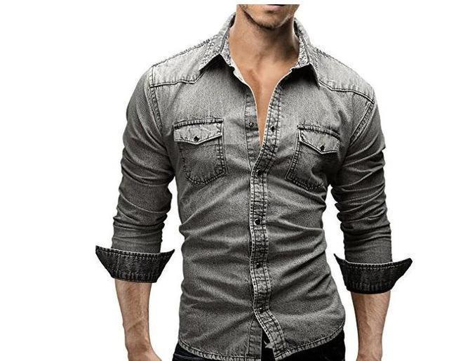 Men's Denim Long Sleeve Shirts Slim Fit by GJG Denim