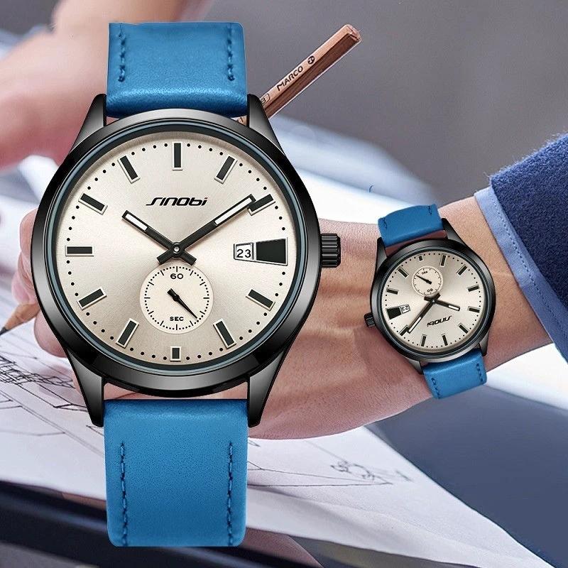 Men's Casual Leather Strap Business Quartz Watch by GJG Denim