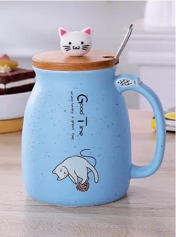 450ml Cartoon Ceramics Cat Mug With Lid and Spoon Coffee Milk Tea Mugs Breakfast Cup Drinkware Novelty Gifts by GJG Denim