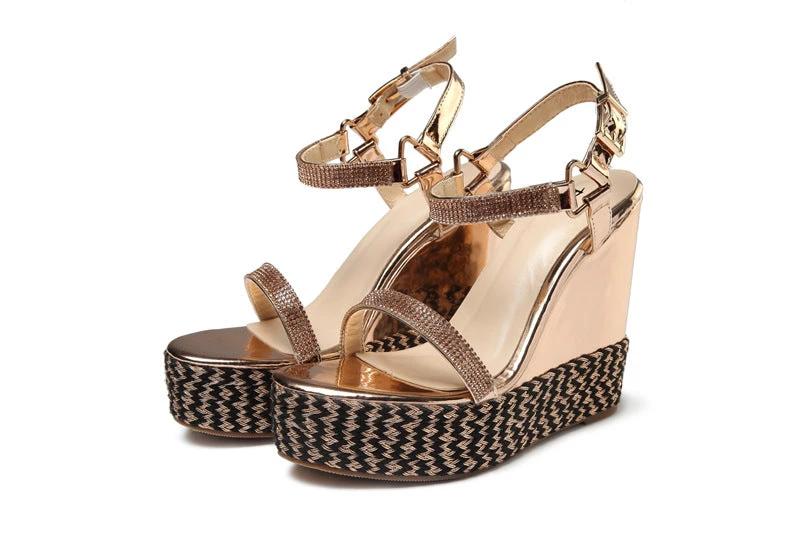 Rhinestone word buckle wedge heeled sandals by GJG Denim