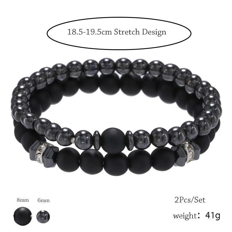 Men's 8mm Black Frosted Copper Bead Spot Drill Spacer Elastic Set Bracelet by GJG Denim