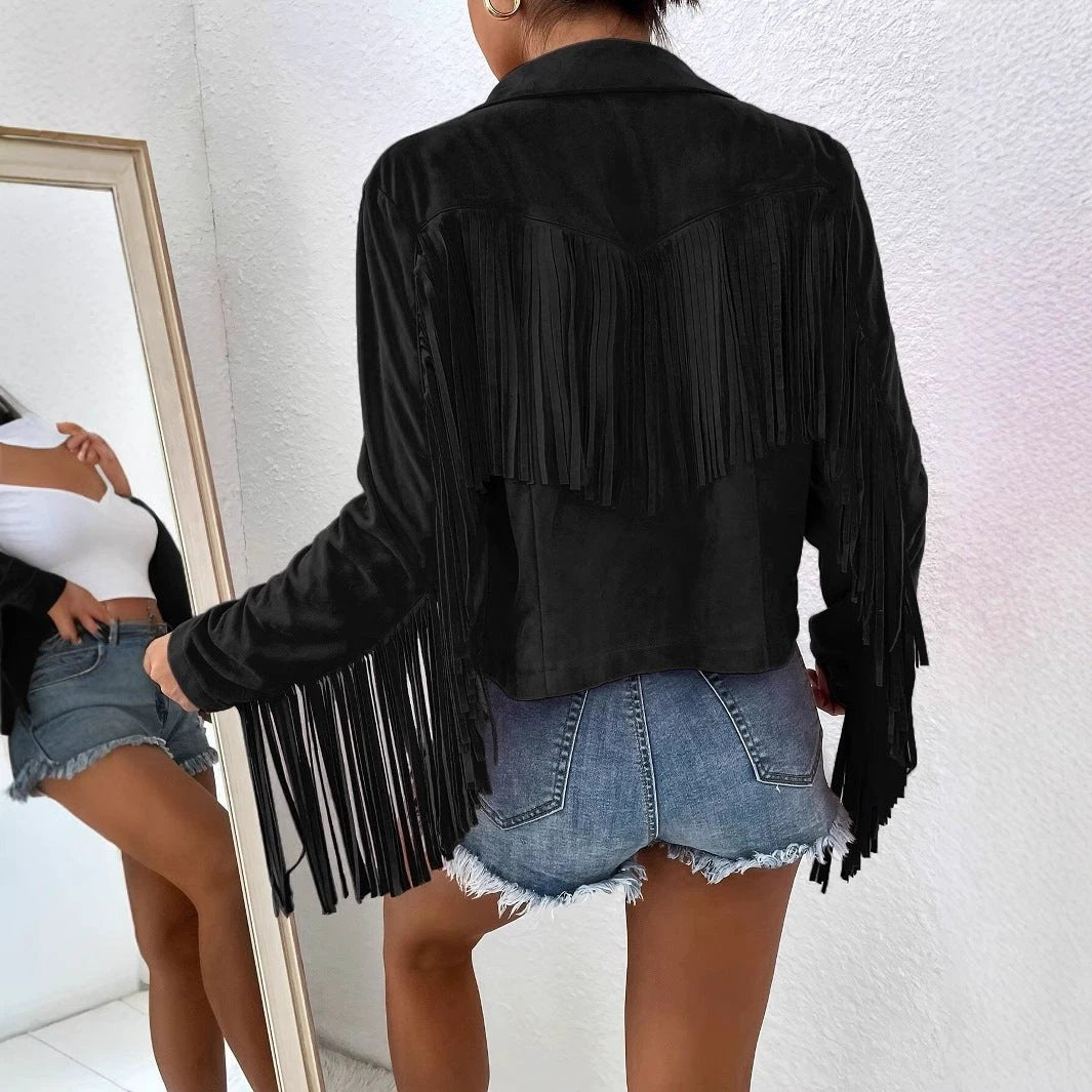 Spring And Autumn Women's V-neck Long Sleeve Fringe Jacket Solid Color Loose Short Coat by GJG Denim