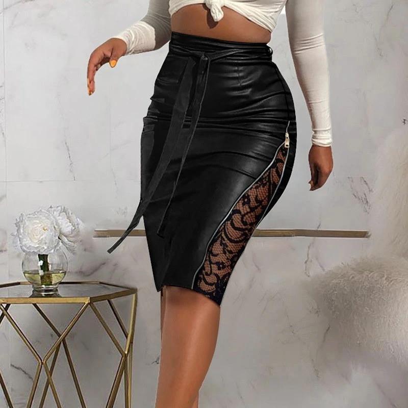 New Sexy Split Lace Stitching Slim-fit Lace Up Leather Skirt by GJG Denim
