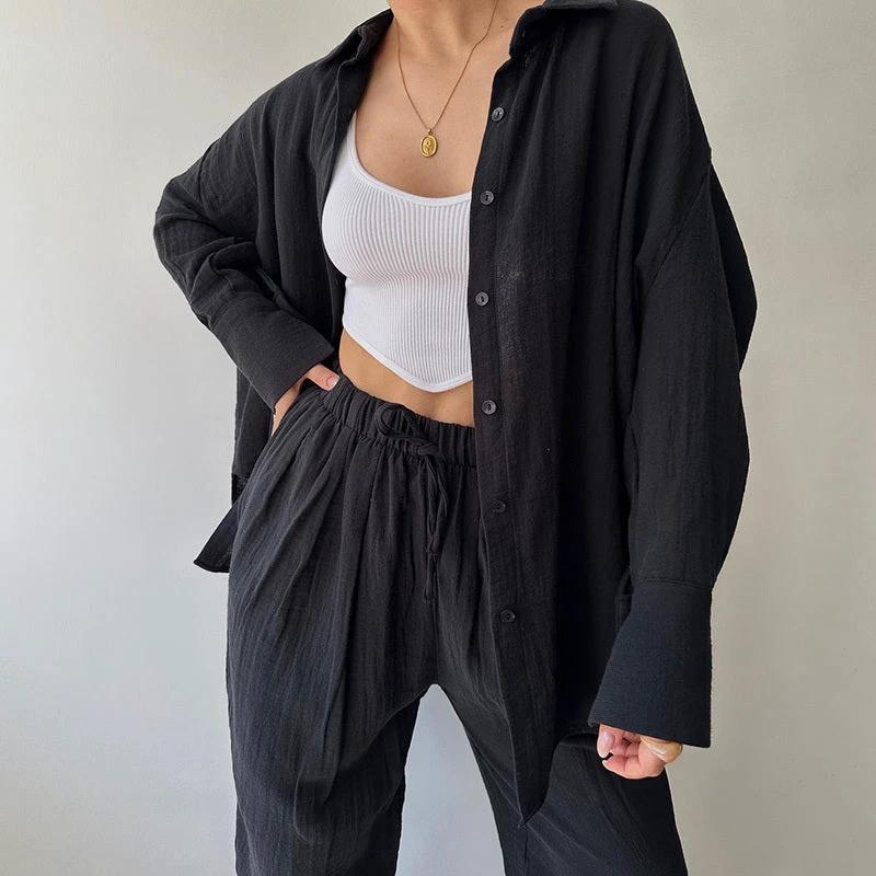 Women's Solid Color Lapel Collar Long Sleeve Shirt & High-Waist Pants Set - Casual Loose Fit Spring&Summer Outfit by GJG Denim