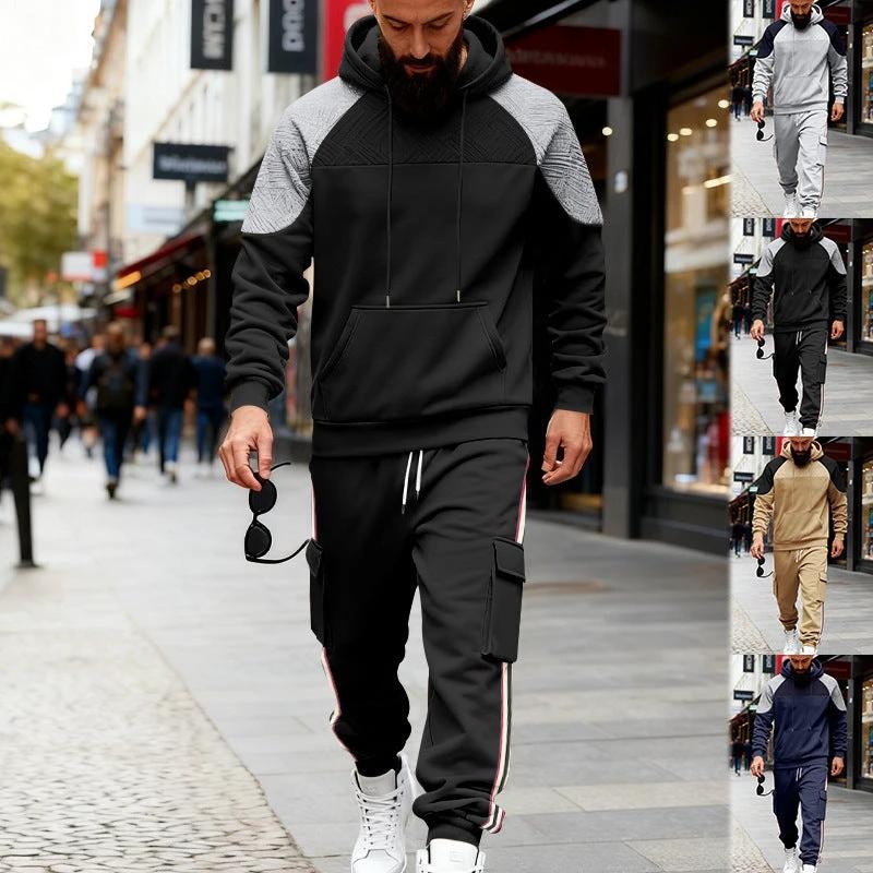 Loose Color-block Textured Hoodie And Sweatpants Casual Set by GJG Denim