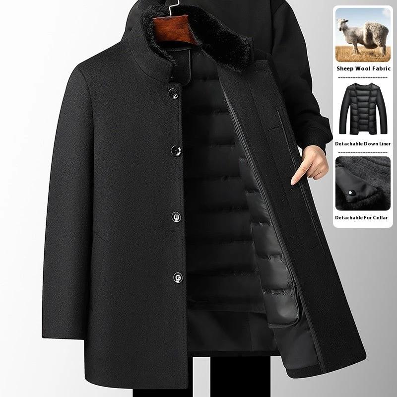 Men's Wool Overcoat Mid-length Thickening Detachable Down Feather Liner by GJG Denim