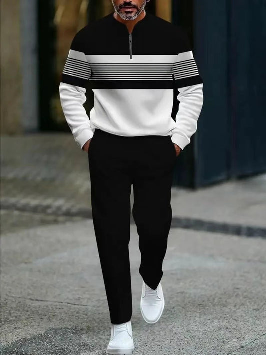 Men's Casual Long-Sleeve Top And Pants Set With A Half-Open Placket And Zipper by GJG Denim