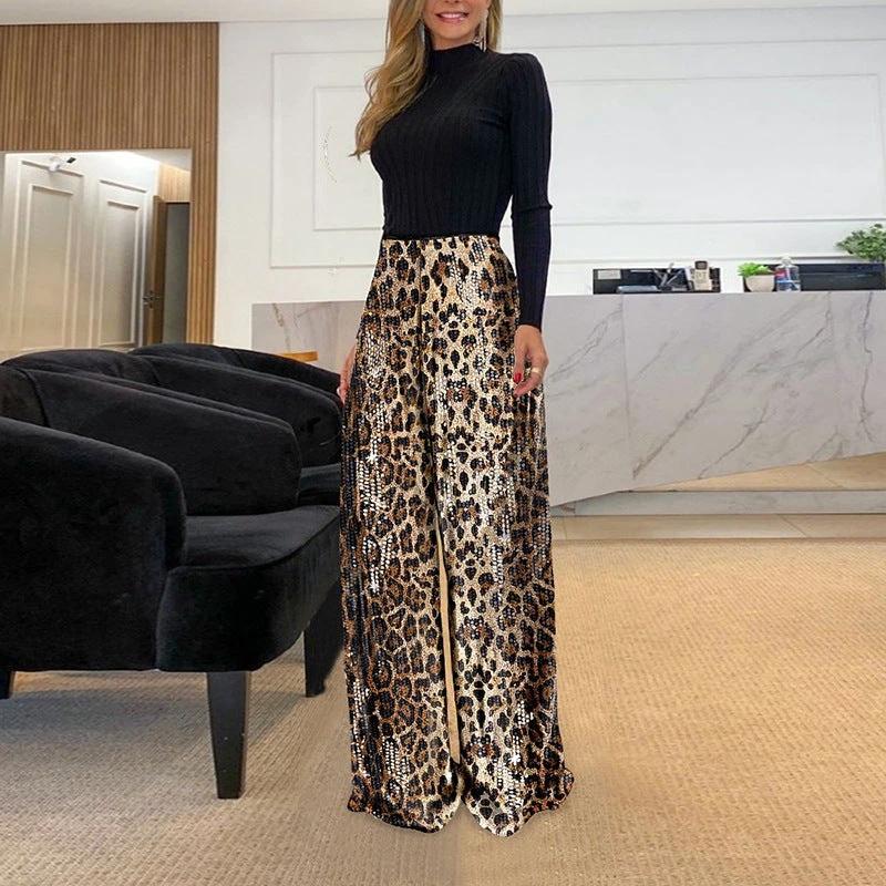 Fashion Leopard Print Sequined High Waist Straight Slim Fit Casual Trousers by GJG Denim