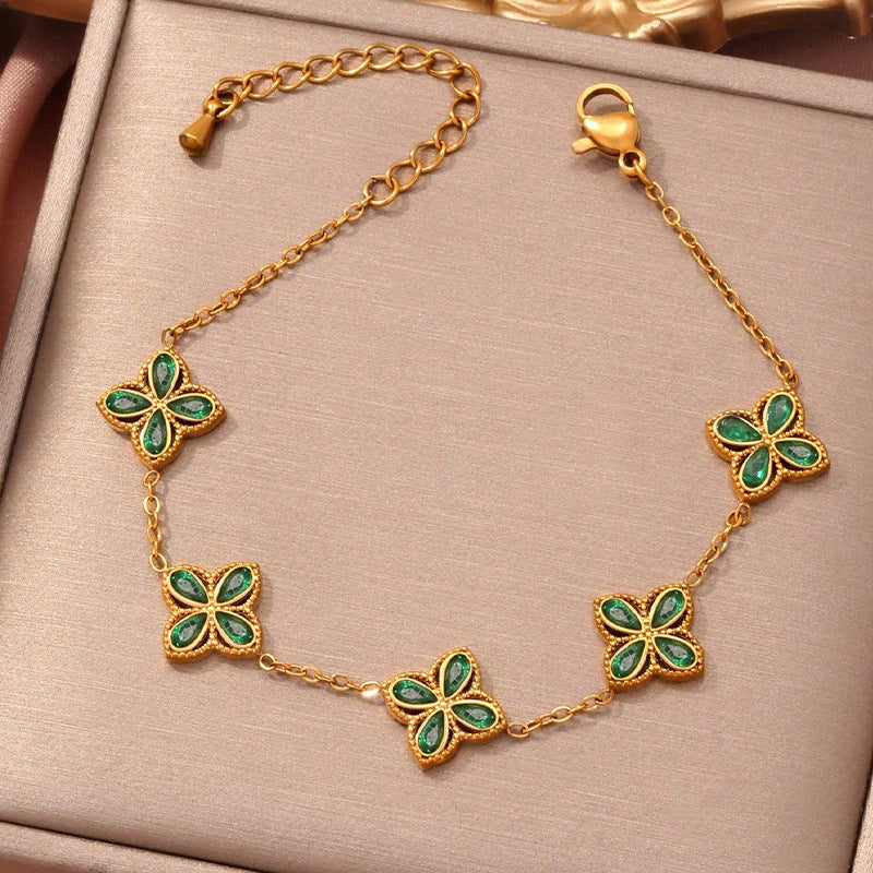 Small Flowers Inlaid Zircon Bracelet For Women by GJG Denim
