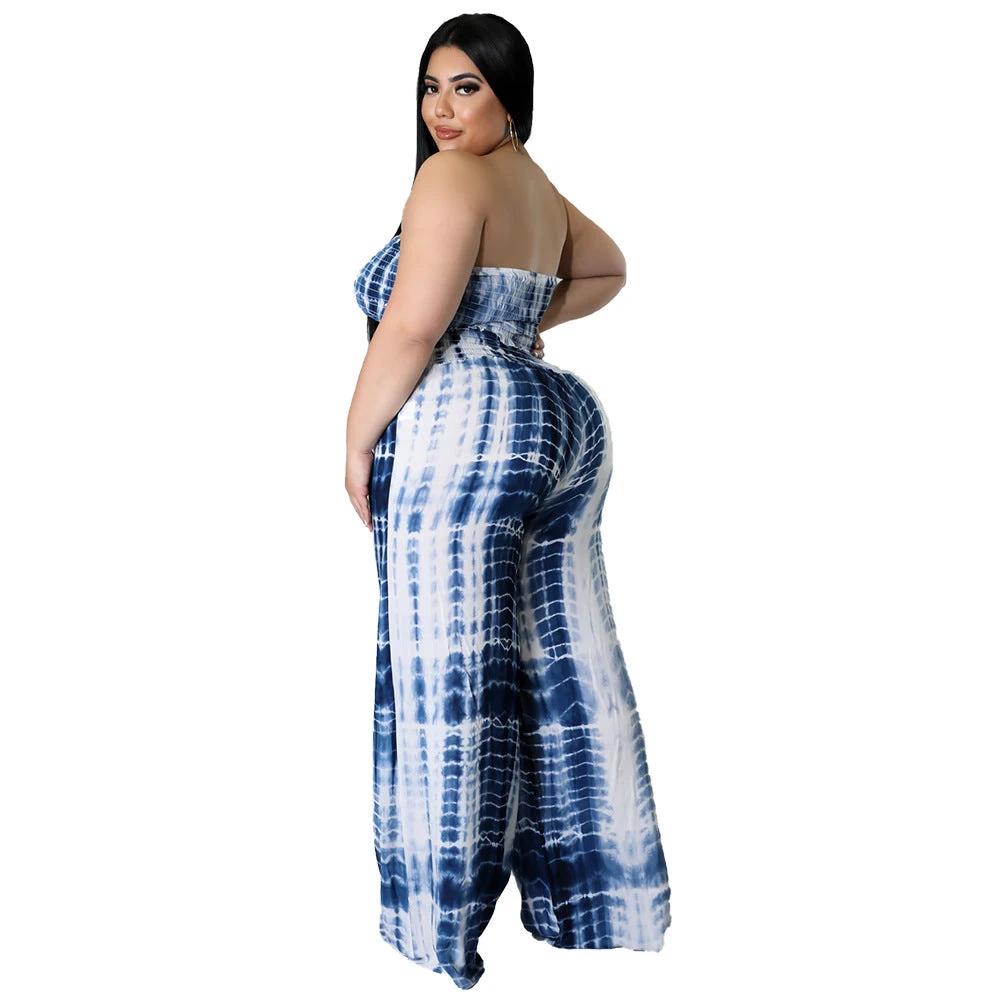 Women's Tie-dye Print Chest-wrapped Backless Plus Size Two-piece Suit by GJG Denim