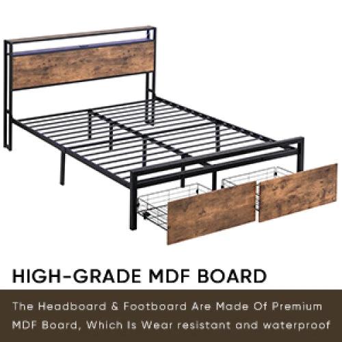 Queen Size Bed Frame With Storage Headboard And 2 Drawers, LED Lights Bed With Charging Station by GJG Denim