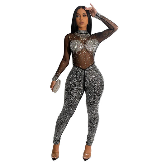 Fashion Women's Pure Color Mesh Hot Drilling Long Sleeve Jumpsuit by GJG Denim