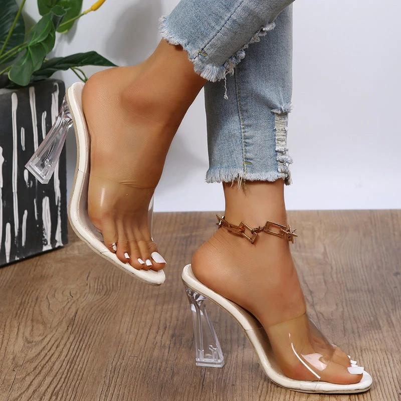 Transparent Mid-heel Crystal Toe High Heel Slippers by GJG Denim