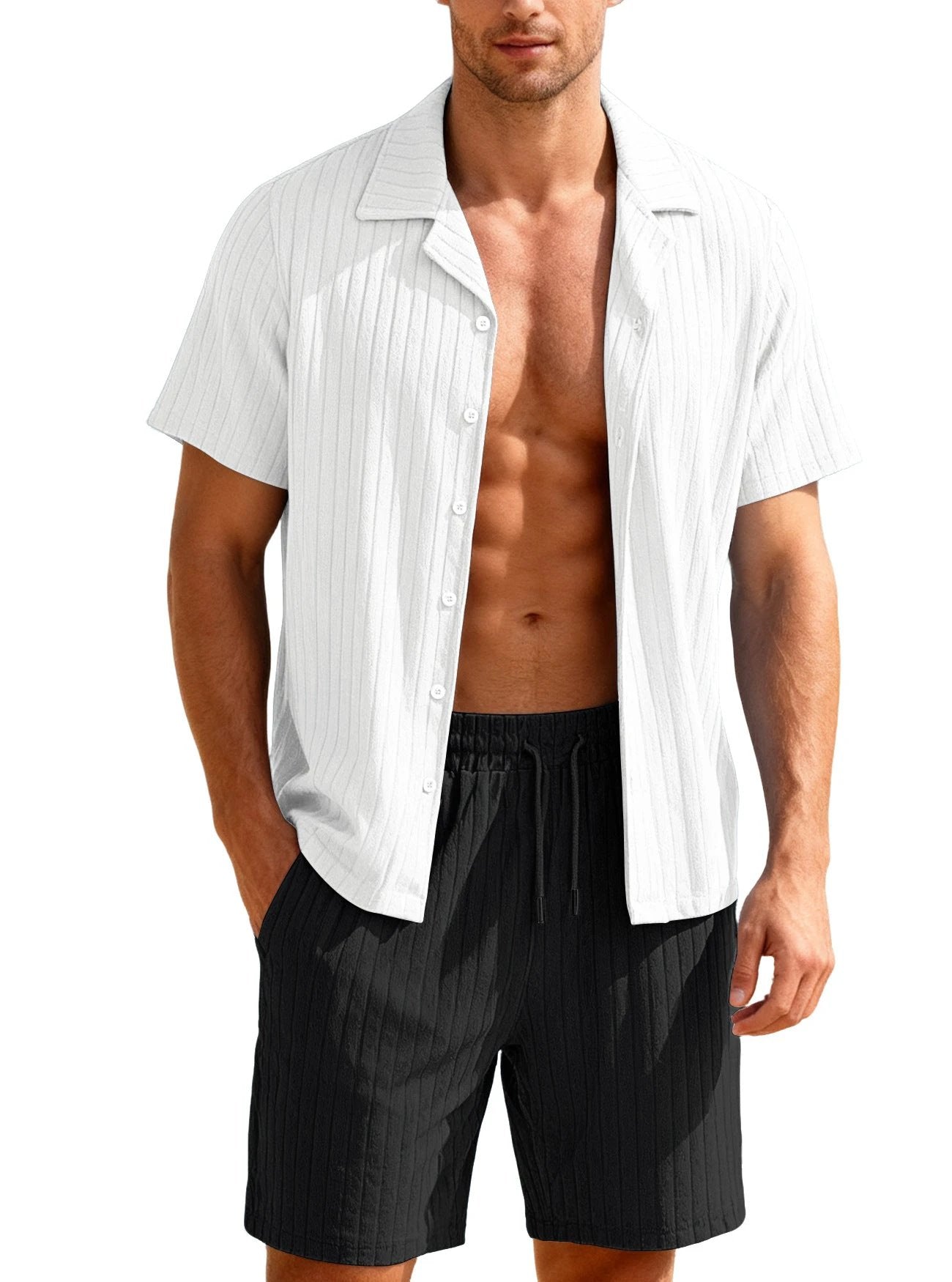 Men's Casual Button-Down Shirt And Shorts Set by GJG Denim