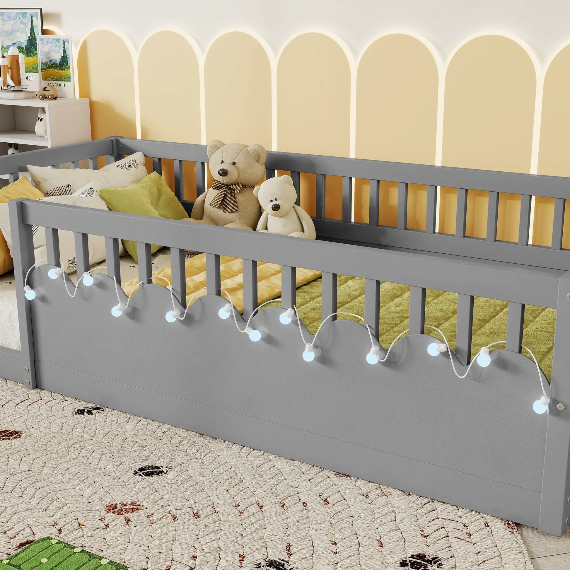 Twin Montessori Floor Bed Frame With High Rails, Wood Kids Floor Beds With Light And Storage Shelf, Gray by GJG Denim