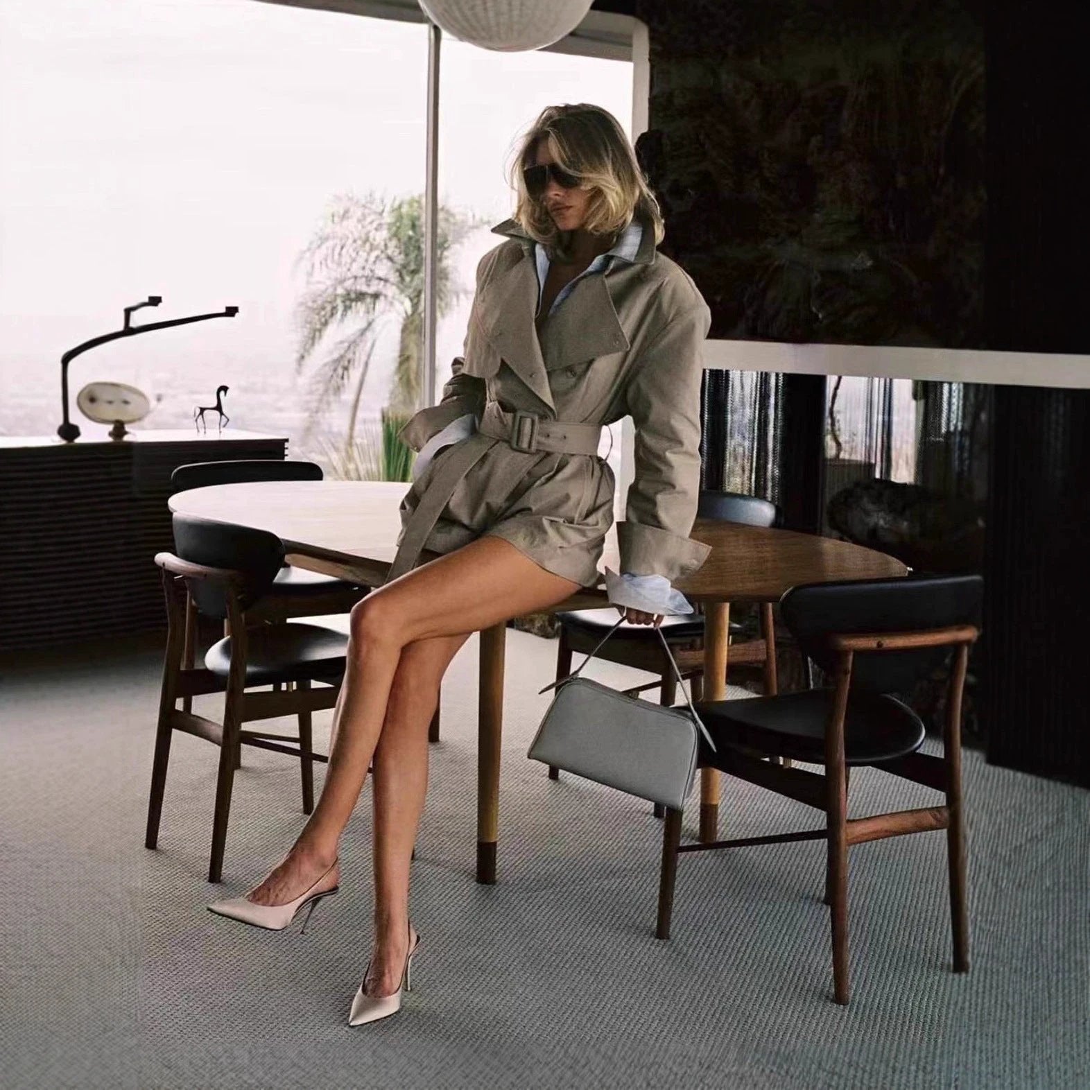 Fashionable British Classic Trench Coat Style Light Khaki Tight Waist One-piece Shorts by GJG Denim