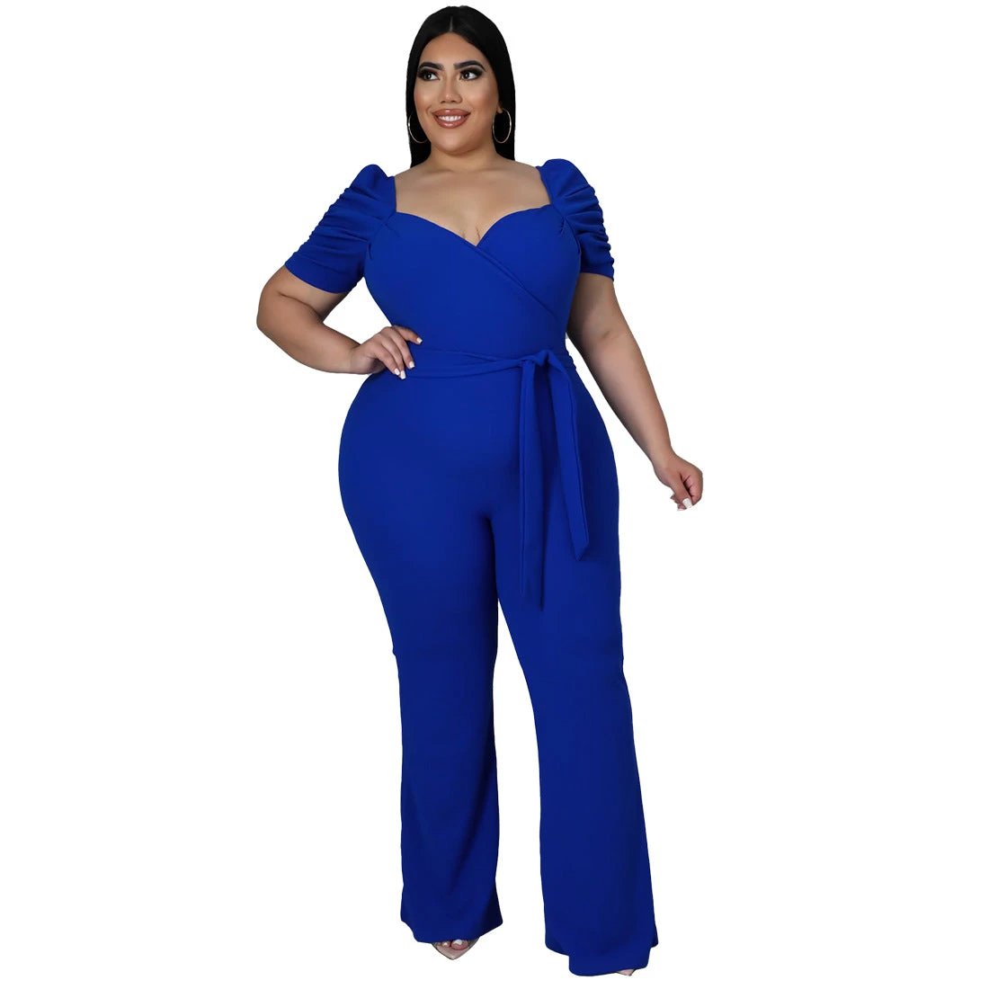 Women's Plus-Size Stand Collar Ruffle Sleeve High-Waist Jumpsuit Wide-Leg Pants by GJG Denim