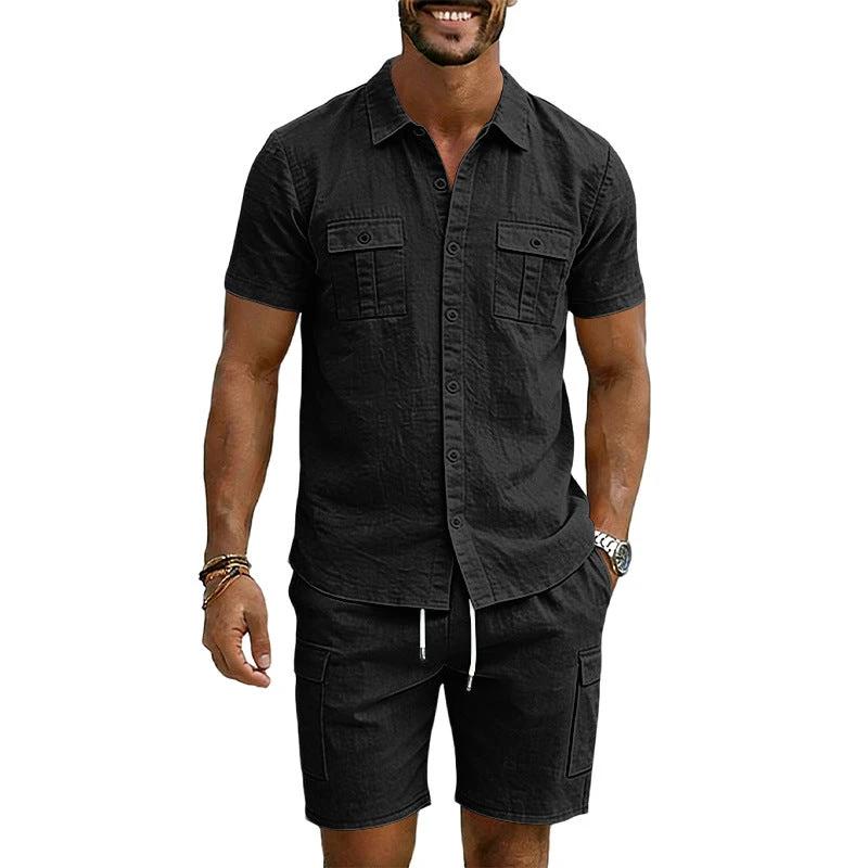 Men's Lapel Shirt And Multi-Pocket Shorts Set by GJG Denim