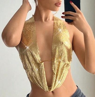 Sequined Top Metal Vest Halterneck With Suspenders by GJG Denim