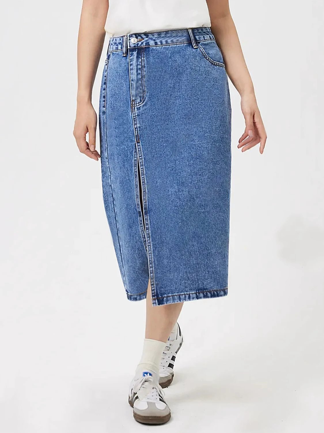 Slit Midi Denim Skirt with Pockets by Lady Ros