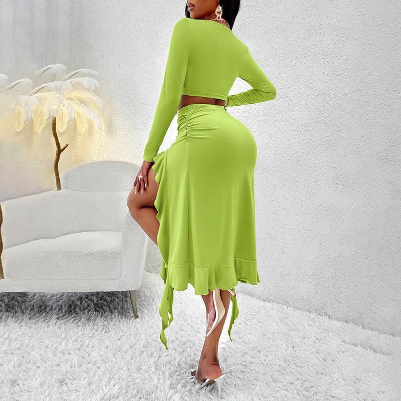 Women's Long Sleeve Round Neck Pleated Dress Suit - Solid Color Elegant Ruffle Outfit by GJG Denim