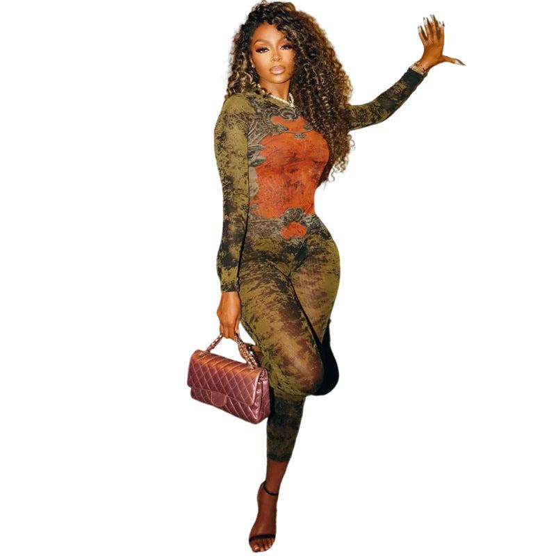 Women's Printed Sexy Mesh High Waist Slim-fit Zipper Long-sleeved Jumpsuit by GJG Denim