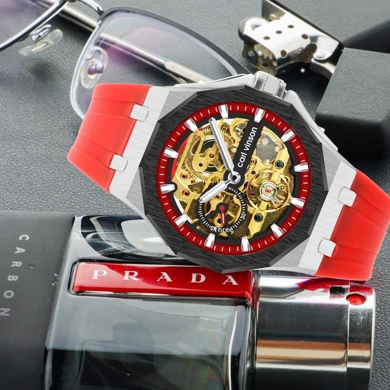 Fully Automatic Luminous Decorative Hollow Silicone-Strap Mechanical Alloy Watch For Men by GJG Denim
