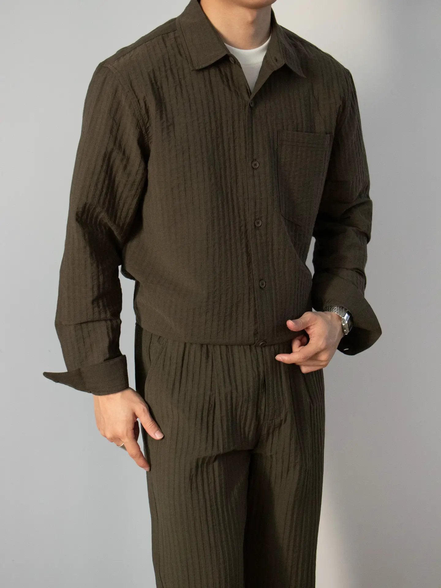 Japanese-style Wood-grain Textured Shirt Set by GJG Denim