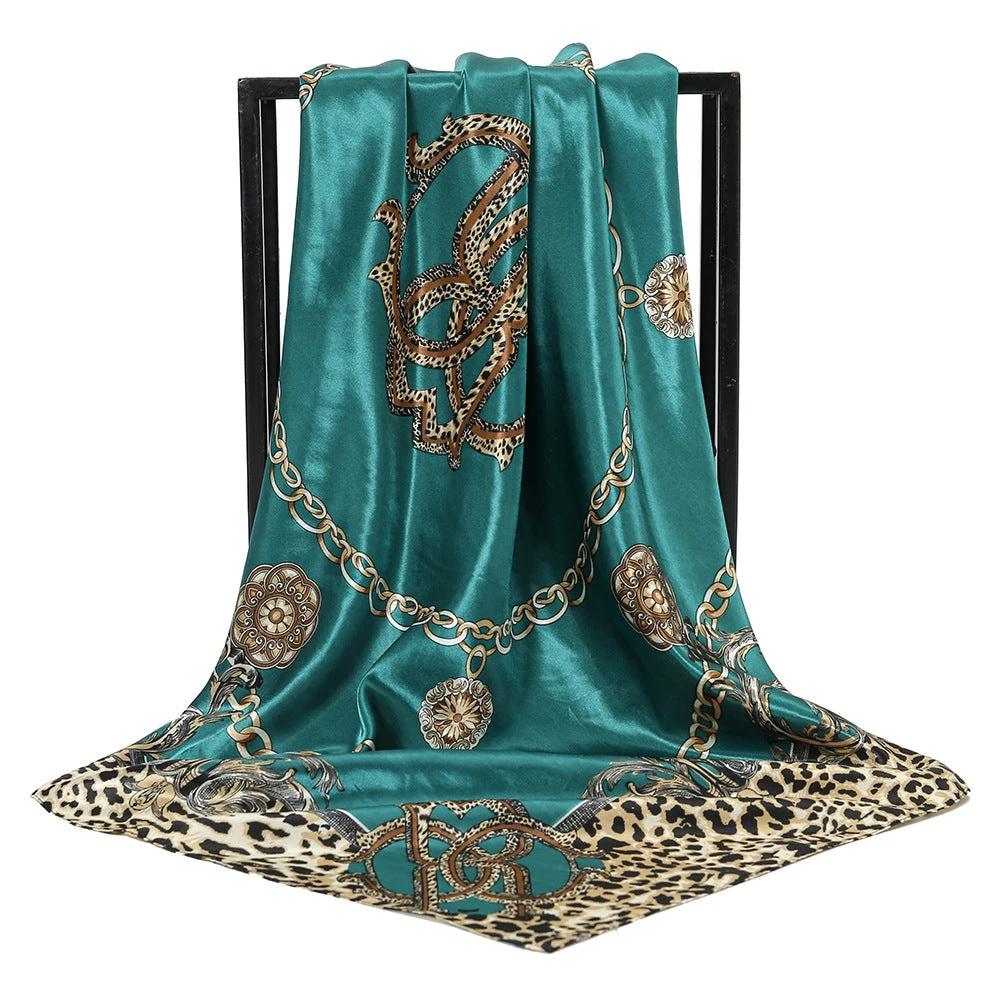 Leopard-print Chain Decorative Satin Scarf by GJG Denim