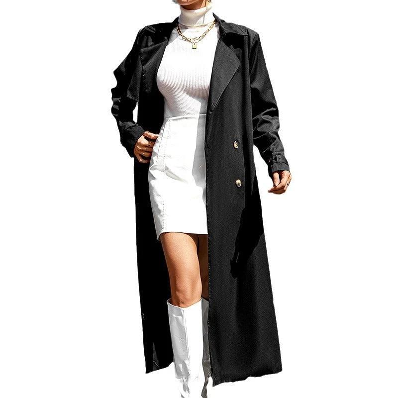 Mid-length High-grade Large Lapel Temperament Commute Lace-up Waist-controlled Black Coat by GJG Denim
