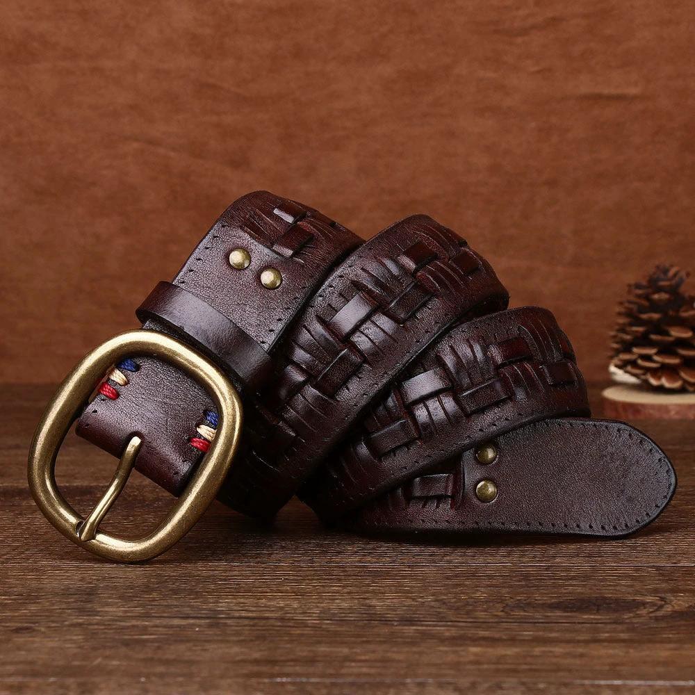 Men's Hand-woven Punch-free Brass Buckle Belt by GJG Denim