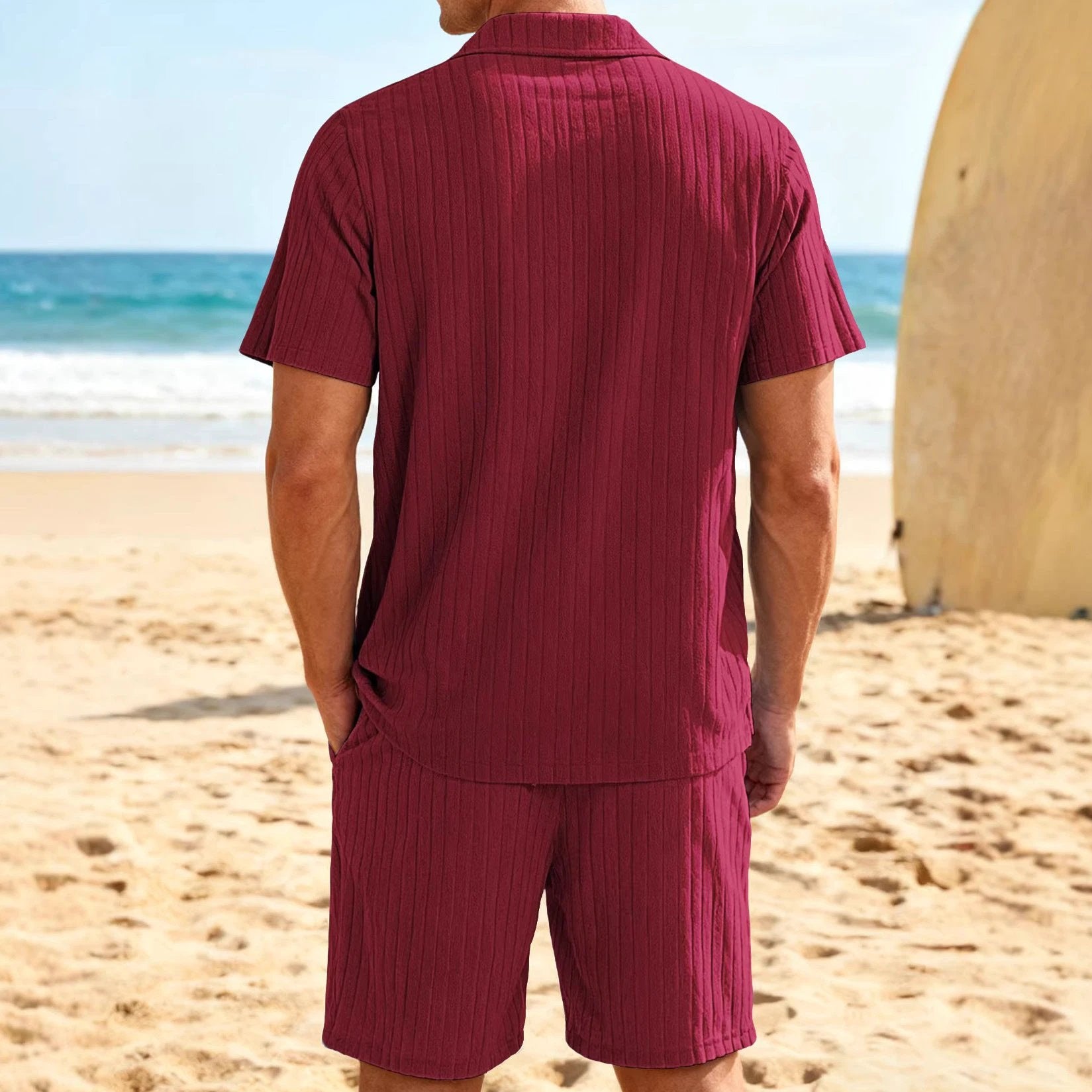 Men's Casual Button-Down Shirt And Shorts Set by GJG Denim