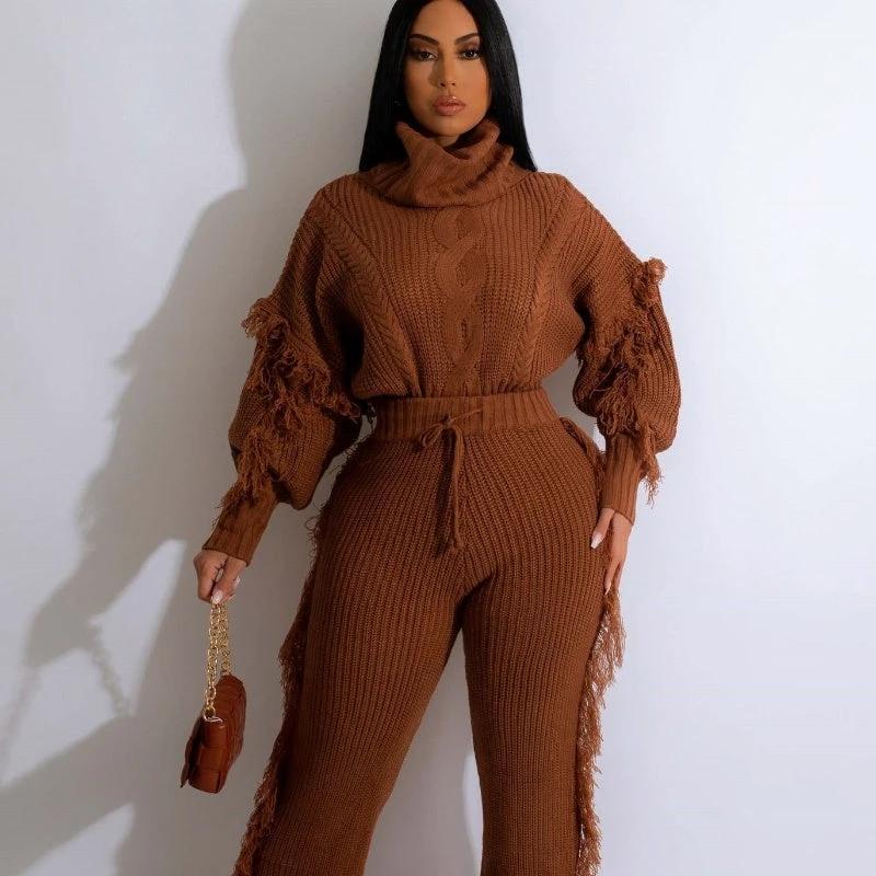 Casual Solid Color Knitted Long Sleeve Turtleneck Tassel Suit by GJG Denim