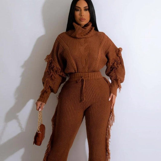 Casual Solid Color Knitted Long Sleeve Turtleneck Tassel Suit by GJG Denim