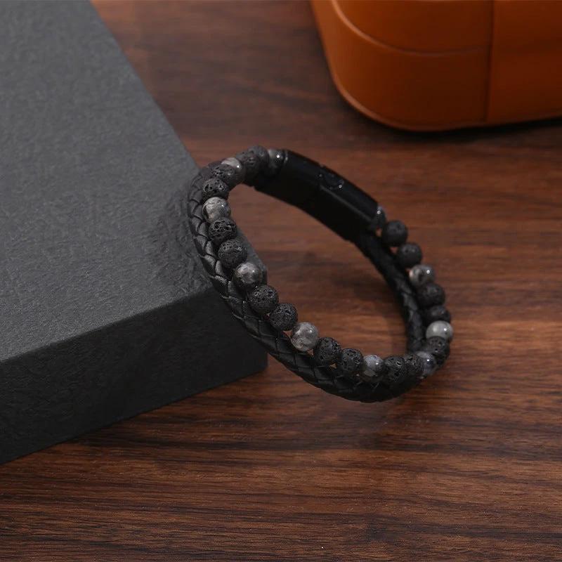 Men's Hand-woven Natural Tigereye Leather Beaded Bracelet by GJG Denim