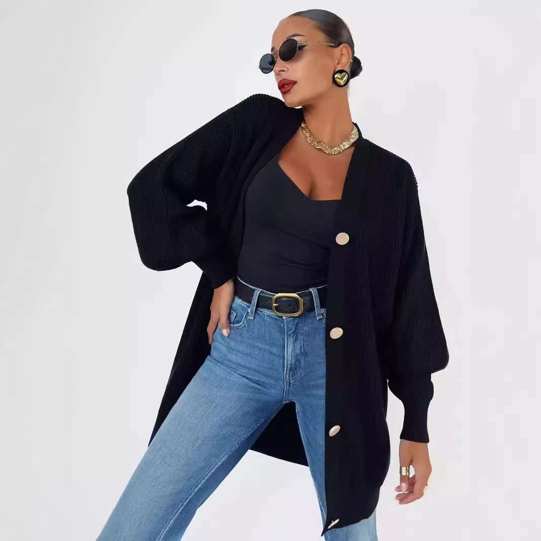 European And American Pure Color Casual Versatile Loose V-neck Early Autumn Knitted Cardigan by GJG Denim