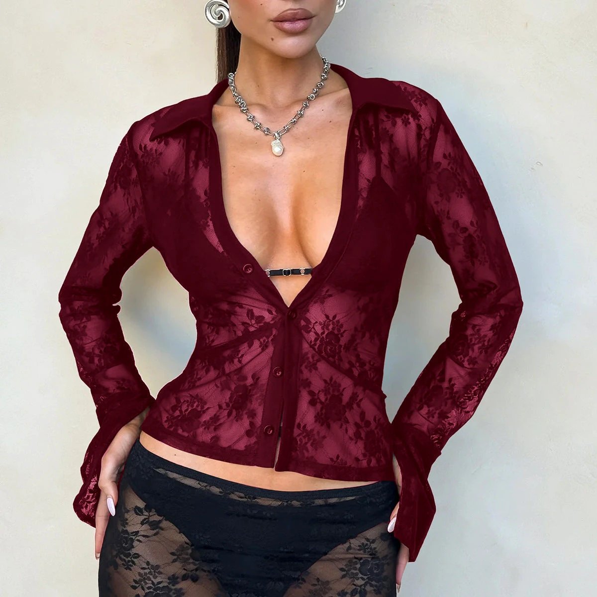 V Hot Girl Style Hollow Lace Cardigan Long Sleeve Top Women's Clothing by GJG Denim