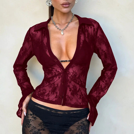 V Hot Girl Style Hollow Lace Cardigan Long Sleeve Top Women's Clothing by GJG Denim