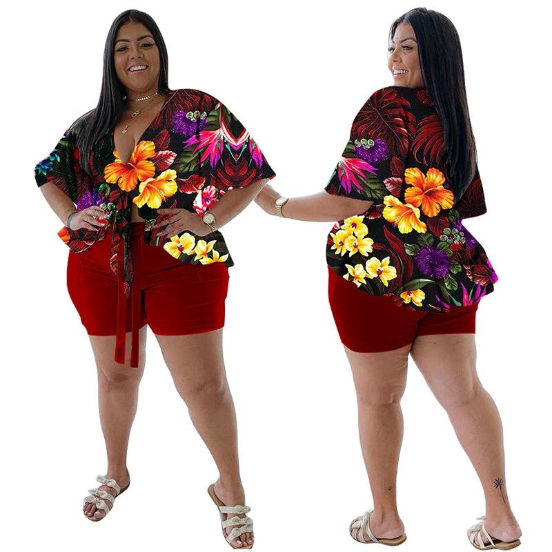 Women's Plus-Size Casual T-Shirt And Shorts Set With Print by GJG Denim