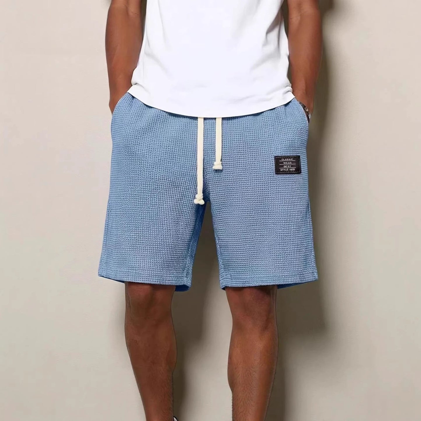 Men's Simple Waffle Knit Embroidered Casual Solid Color Shorts by GJG Denim