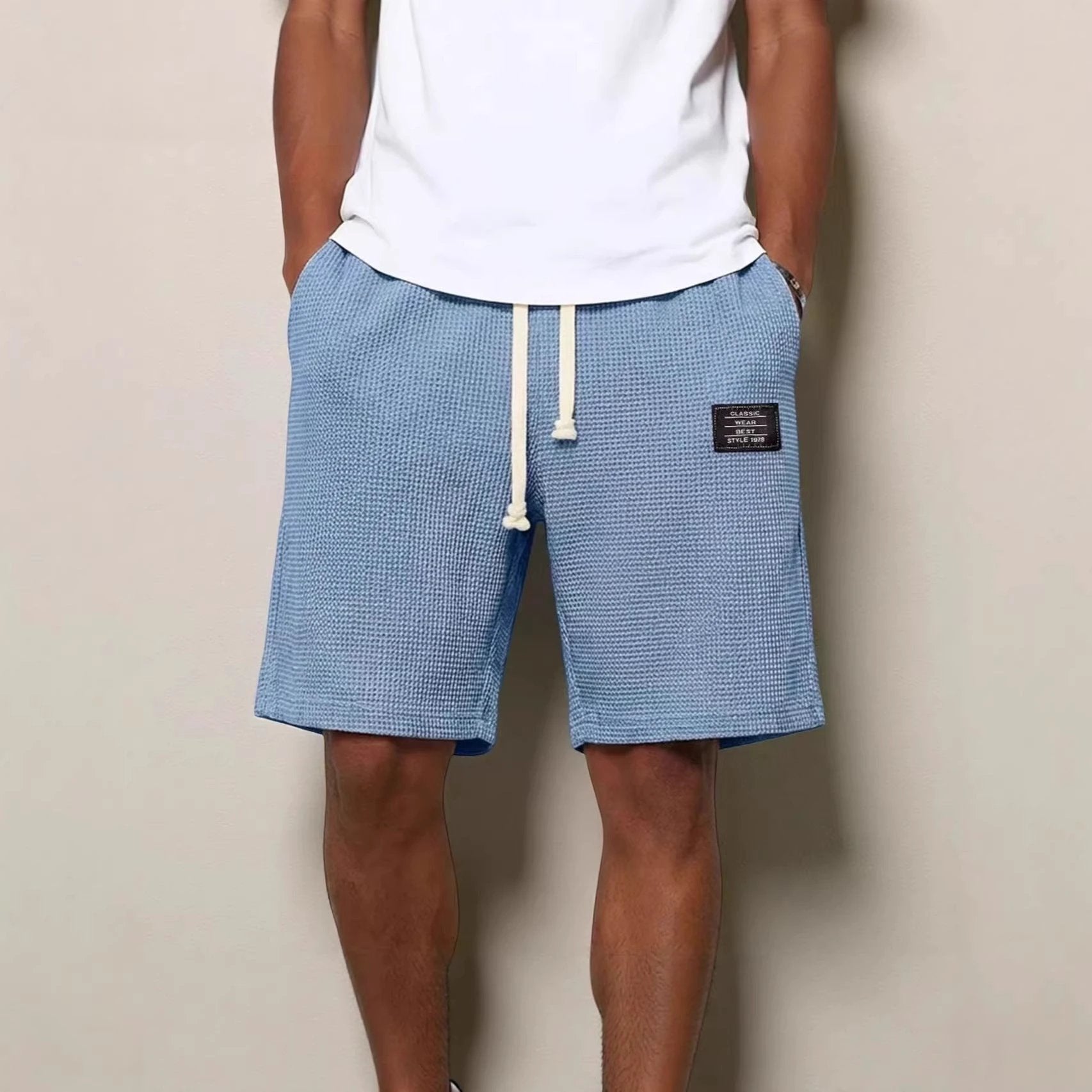 Men's Simple Waffle Knit Embroidered Casual Solid Color Shorts by GJG Denim
